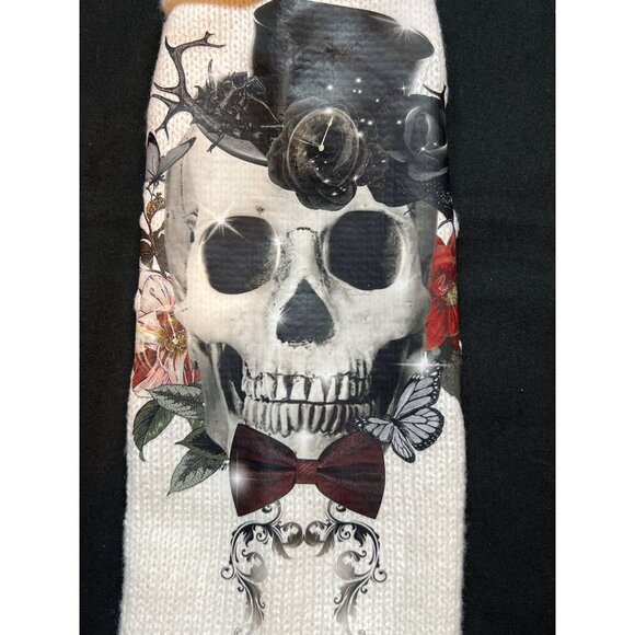 Fingerless Skull Print Gloves Black & White One-Size Knit Gothic Style Wrist War - Picture 2 of 6